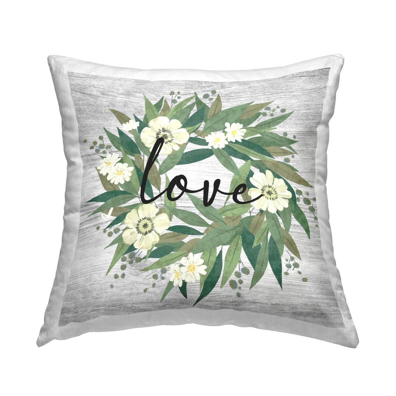 Stupell Industries Love Calligraphy Daisy Flower Wreath Throw Pillow, 18" x 18"